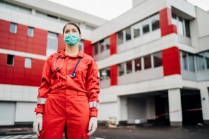 Medical staff in front of hospital